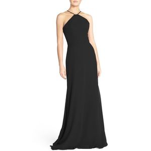 Hayley Paige Strappy V-Back Chiffon Halter Gown